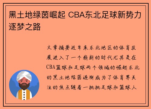黑土地绿茵崛起 CBA东北足球新势力逐梦之路